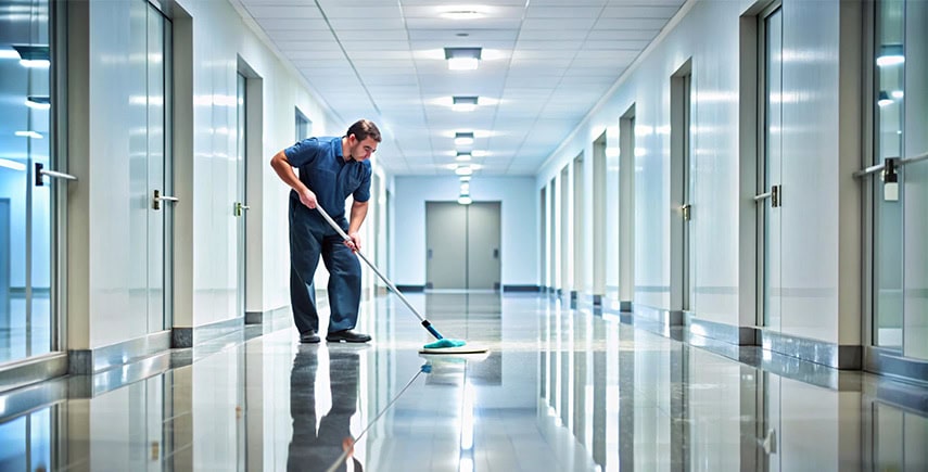 Janitor mopping a shiny office hallway, maintaining cleanliness and hygiene in a professional environment.