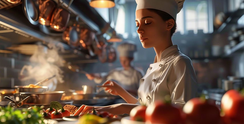 Chefs preparing food in a busy kitchen, following hygiene practices with fresh ingredients and clean tools.