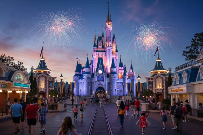 Family enjoying Disneyland in January 2026 with Sleeping Beauty Castle in soft winter light