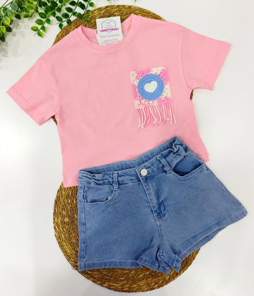 Conj vaquero y camiseta algodón bolsillo Crochet