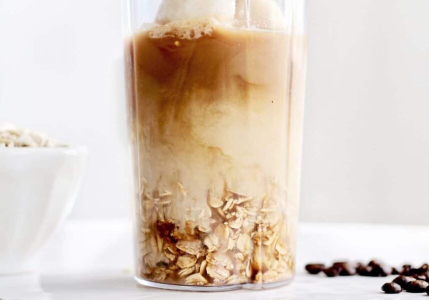 Coffee Banana Smoothie ingredients in a blender before blending