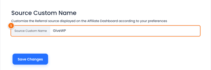 GiveWP Tracking settings with the Source Custom Name field set to GiveWP and the Save Changes button