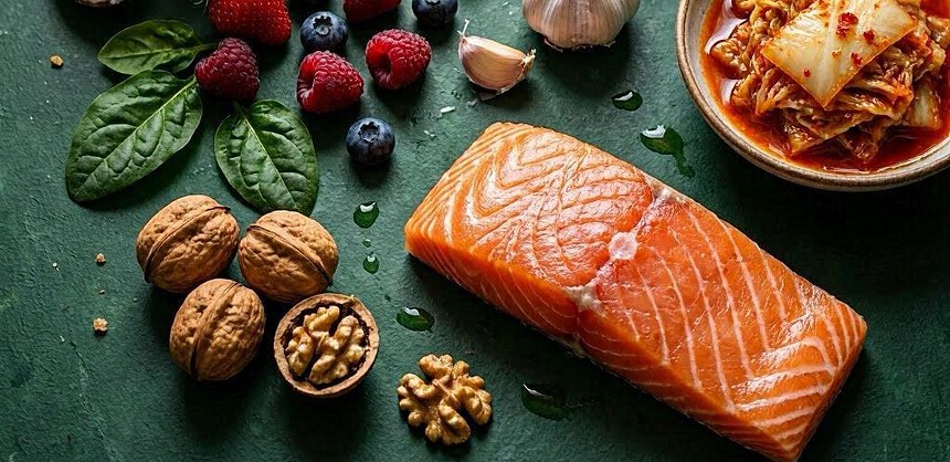 gut brain connection foods including kefir fermented vegetables berries walnuts and salmon that naturally boost serotonin and improve mood