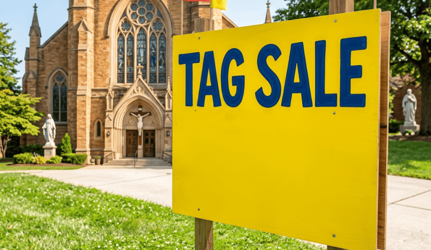 Colorful sign advertising a multi-family tag sale with details and people shopping in the background