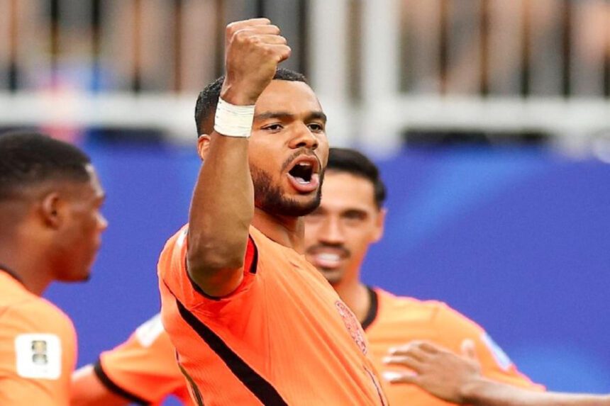 Pemain Timnas Belanda merayakan kemenangan 5-1 atas Swedia dalam laga Grup F Piala Dunia 2026 di Stadion NRG Houston.