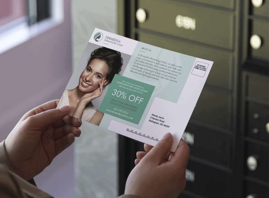 Hand holding a Dermedica Dermatology Clinic mailer with a 30% off promotion. Mailers.