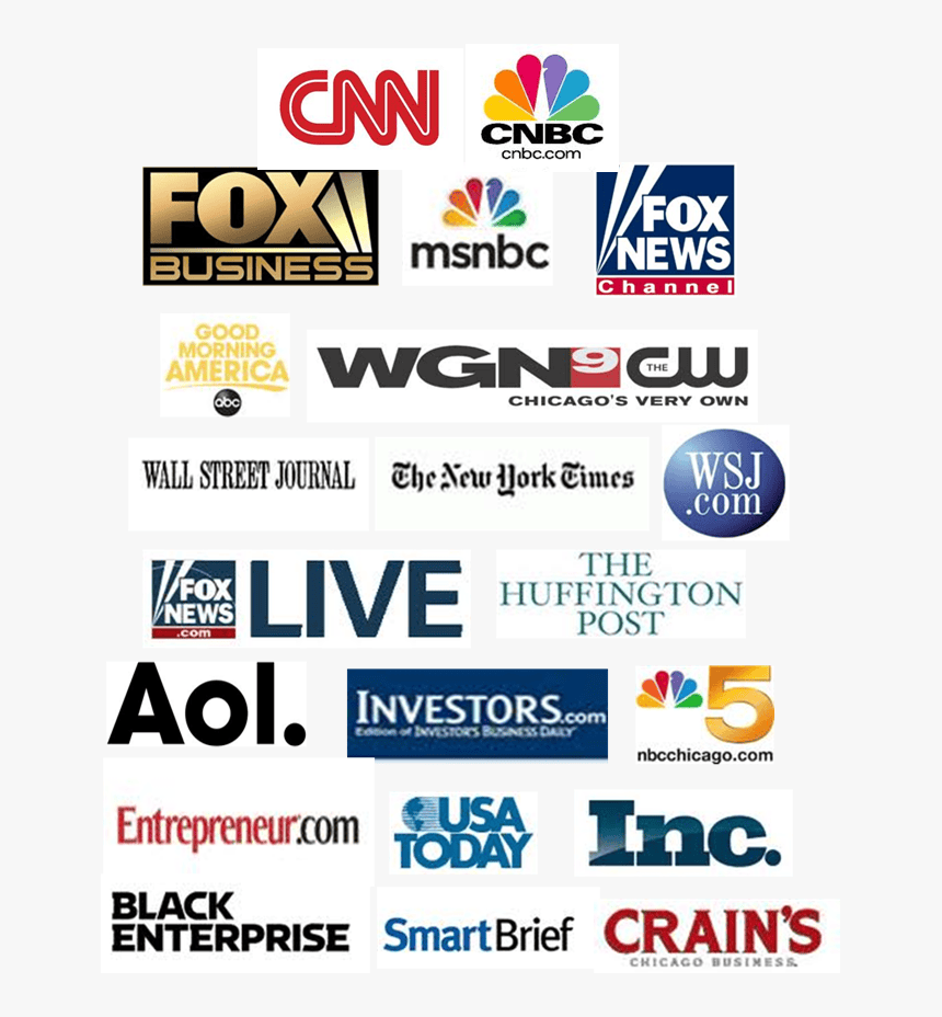 Mastheads and network logos of major US news outlets including CNN, CNBC, Fox News, The Wall Street Journal, The New York Times, USA Today and Crain's