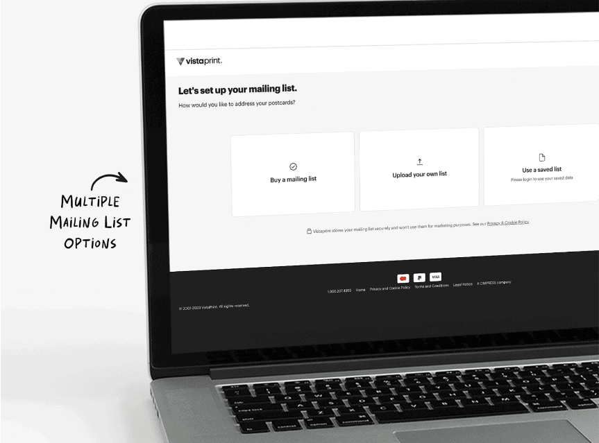 Vistaprint mailing list options on a laptop screen. Choose to buy, upload, or use saved mailers.