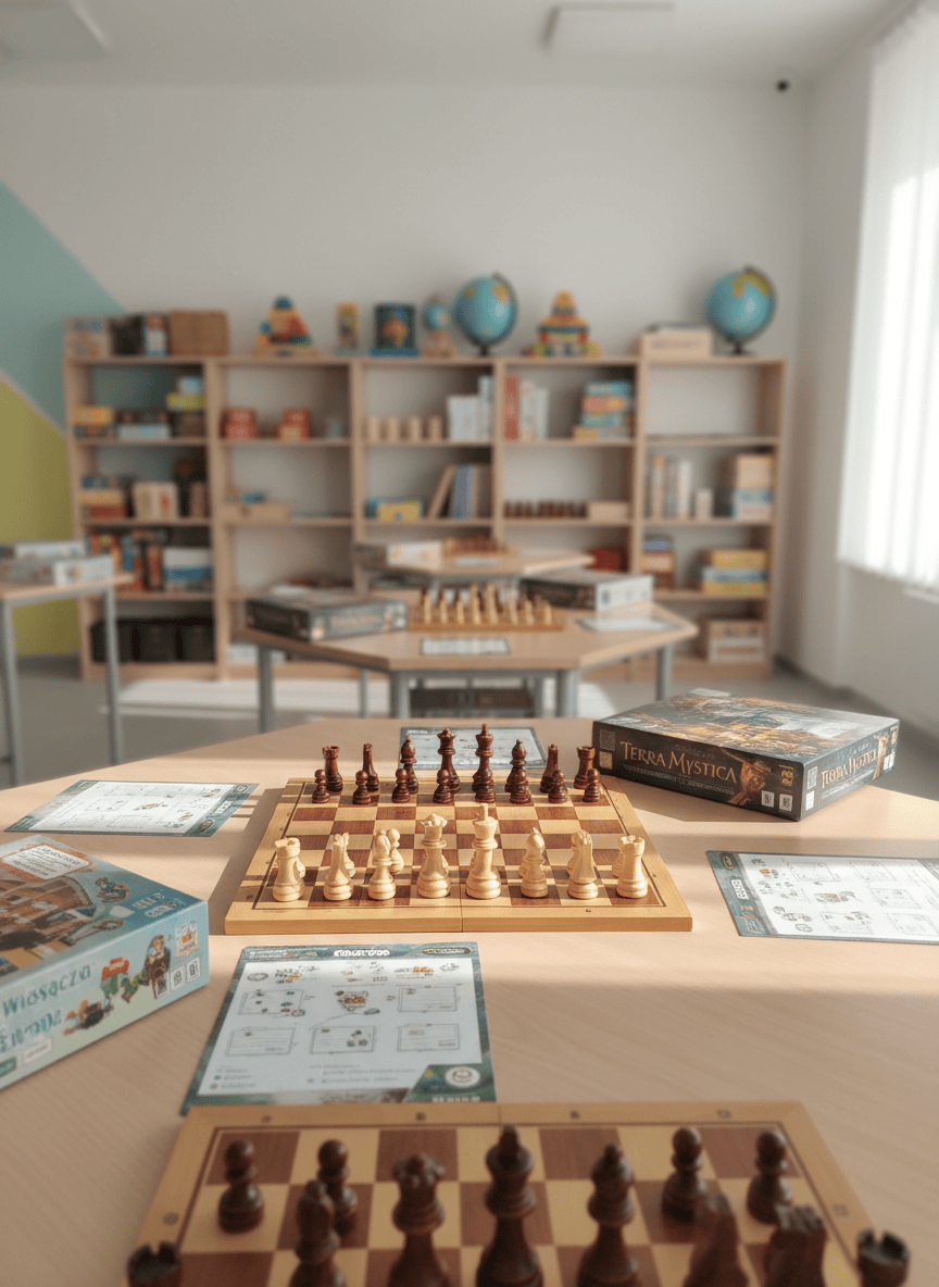 A bright educational game space filled only with objects: neatly arranged chessboards with classic wooden pieces, colorful board game boxes with Polish titles, and open game manuals spread across a light oak table. The room has white walls with subtle pastel accents and shelves in the background holding more games and educational materials, softly blurred. Natural afternoon light pours through a large unseen window, creating gentle reflections on polished pieces and cardboard surfaces. Photographic realism, shot at eye level with a shallow depth of field, conveys a calm, welcoming, family-friendly atmosphere, ideal for a community foundation focused on learning through play.