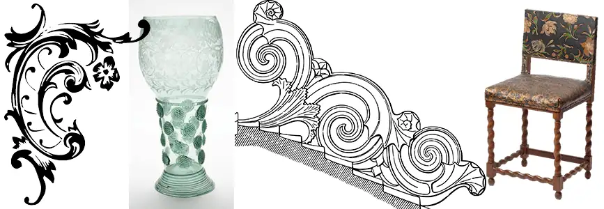 Glas, stol och former från barocken.