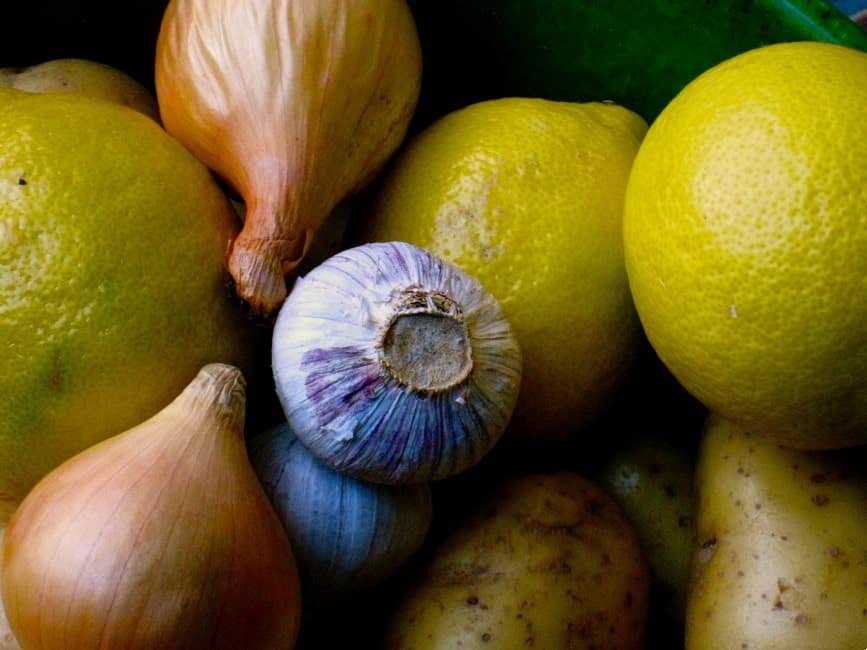 garlic, lemons and onions, close view