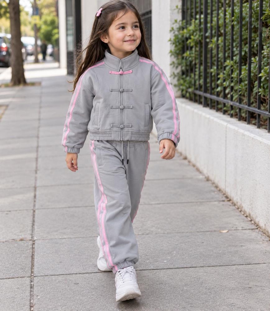 Conjunto sudadera y pantalón gris y rosa