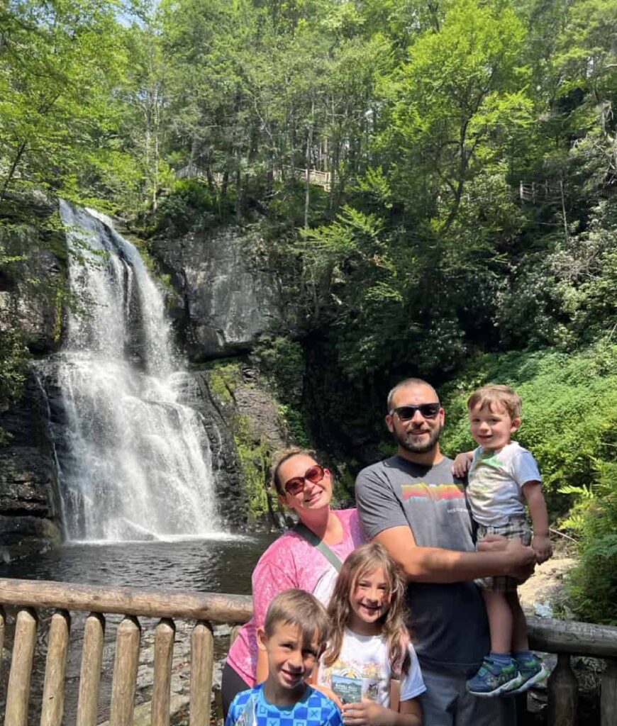 Waterfall, family fun, outdoor adventure, North Carolina, scenic nature, vacation.
