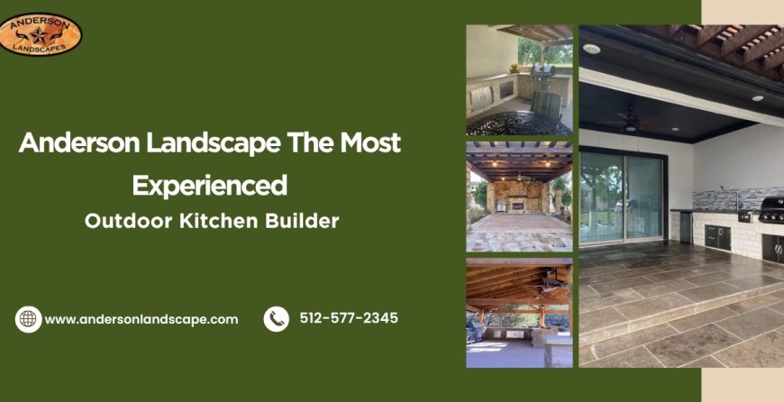 Outdoor kitchen design in Georgetown TX with seating and landscaping