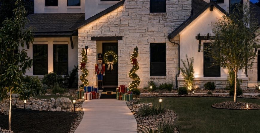Holiday-decorated Central Texas home with warm landscape lighting, illuminated evergreens, and a festive wreath at the front entrance.