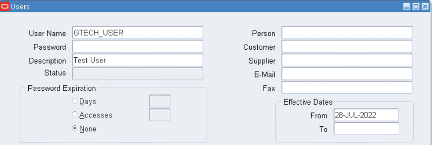 Kullanıcı adı 'GTECH_USER' girilmiş Users formu