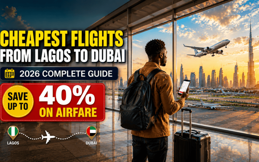 Nigerian traveler in Dubai airport terminal looking at cheap Lagos to Dubai flight deals on smartphone with airplane taking off and Dubai skyline at sunset