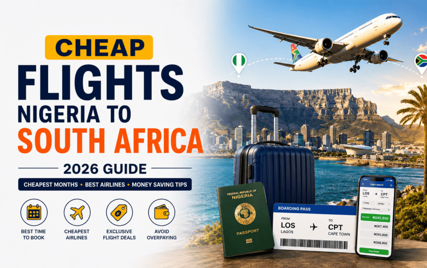 Featured image showing cheap flights from Nigeria to South Africa, with a commercial airplane flying above Cape Town's Table Mountain, Nigerian passport, boarding pass, suitcase, and smartphone displaying flight search results, highlighting affordable travel and smart booking strategies for 2026.