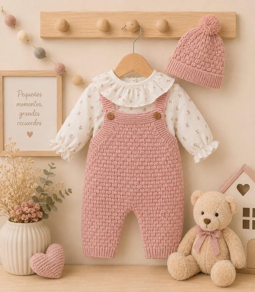 Conjunto Bb peto y gorro lana rosa pal camisa flor