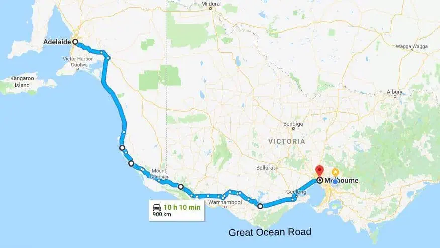 How long does it take to drive from Adelaide to Melbourne? 900 KMS / 559 MILES ~ 10 HOURS & 10 MINUTES