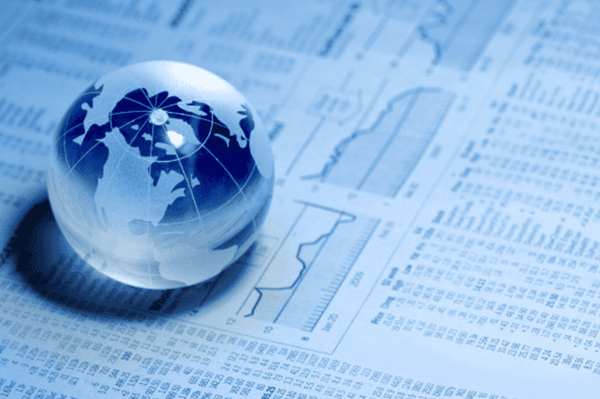 Business analytics with global data and financial charts on a blue background.