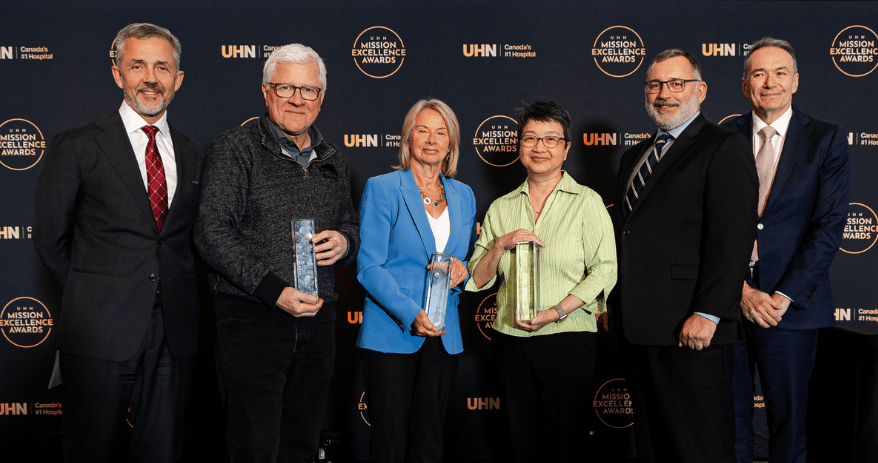 In the photo from left to right: Dr. Brad Wouters, (EVP, UHN Research), Dr. John Dick (Senior Scientist, PM), Dr. Jayne Danska (Senior Scientist, SickKids Research Institute), Dr. Jean Wang (Clinician Scientist, PM), Mark Taylor (Director, UHN Commercialization) and Dr. Kevin Smith, (President & CEO, UHN)