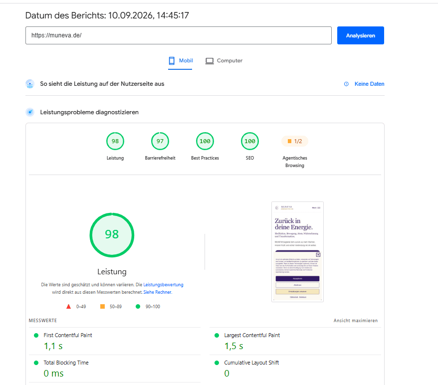 Google PageSpeed Insights Mobile-Test von MUNEVA mit 98 Punkten Performance, 97 Barrierefreiheit und 100 SEO