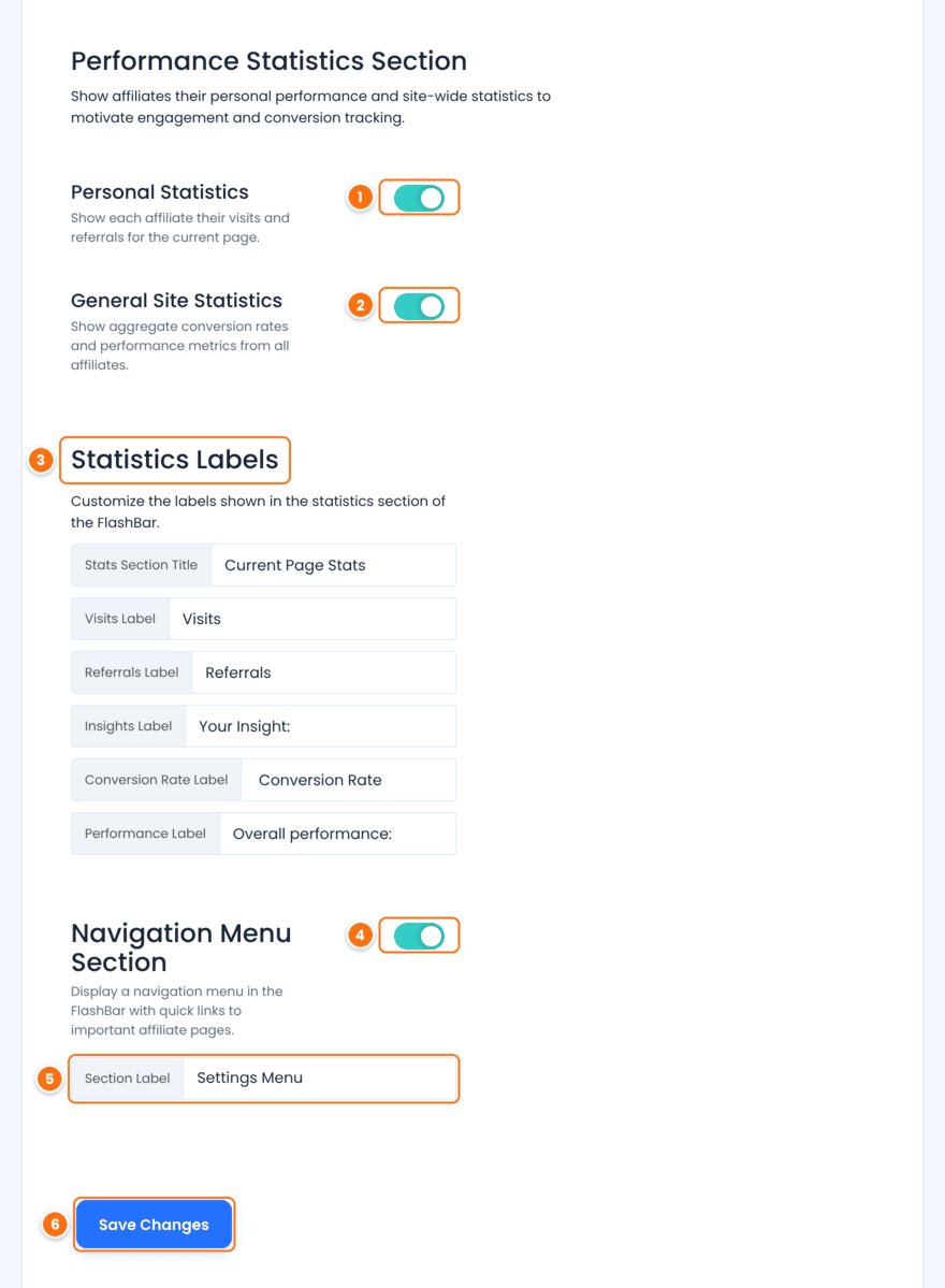 Performance Statistics Section, Statistics Labels and Navigation Menu Section of the Affiliate Bar settings in Ultimate Affiliate Pro, with the Save Changes button
