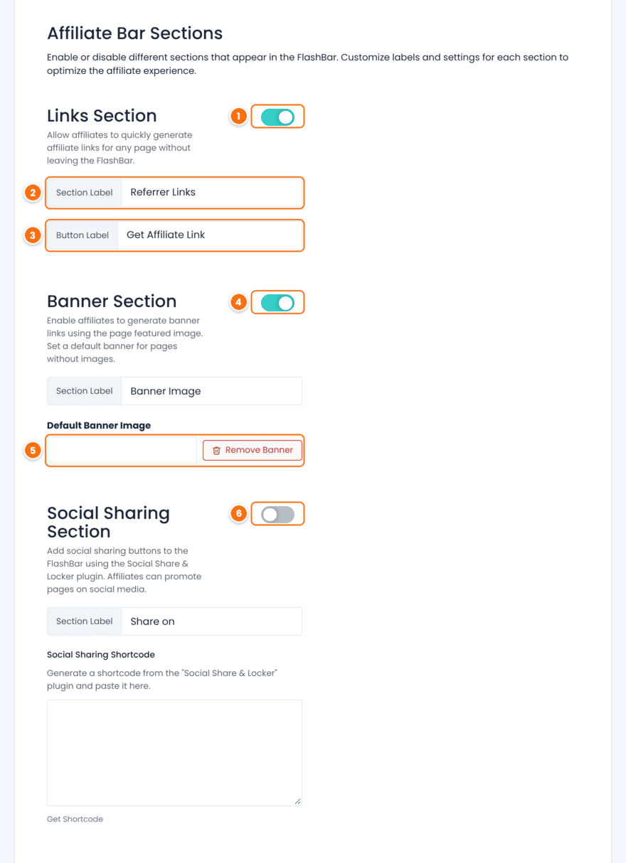 Affiliate Bar Sections in Ultimate Affiliate Pro with the Links Section switch, Section Label and Button Label fields, the Banner Section switch, the Default Banner Image field and the Social Sharing Section switch