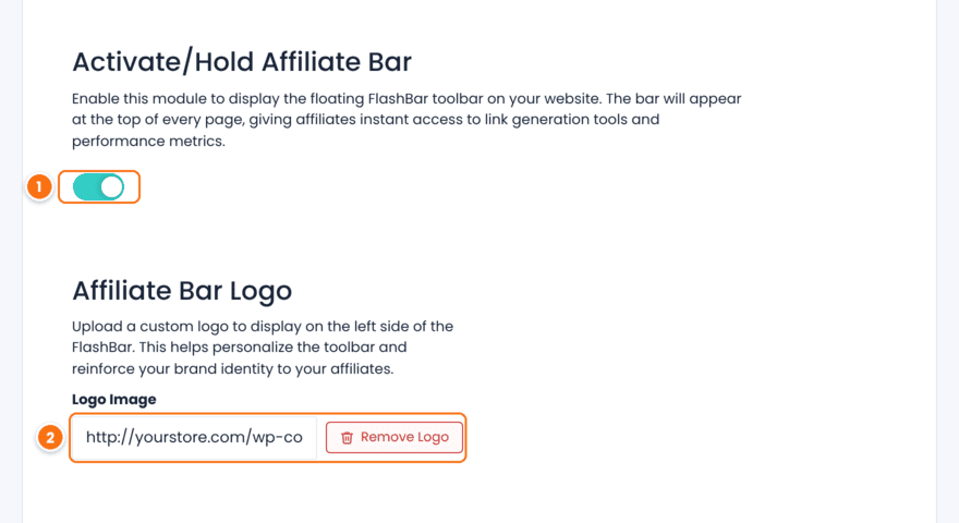 Affiliate Bar module settings in Ultimate Affiliate Pro with the Activate/Hold Affiliate Bar switch turned on and the Logo Image field with a Remove Logo button