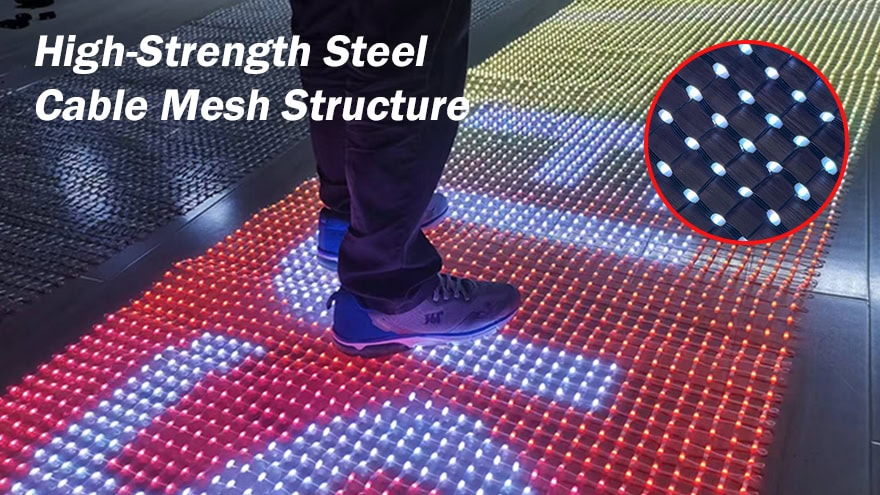 High-strength steel cable mesh structure of durable flying LED screen, walkable design