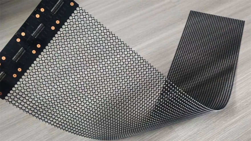 InviAir Holographic LED Screen flexible display film being bent - customizable transparent LED for curved glass and creative installations