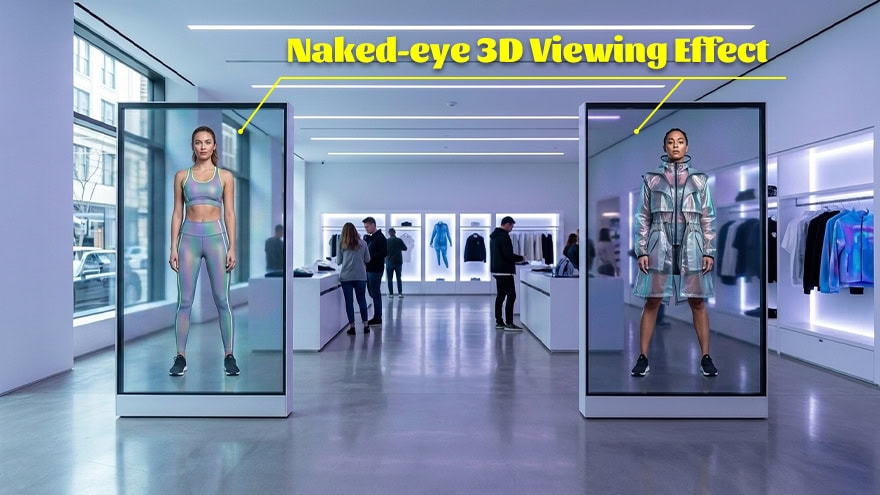 InviAir Holographic LED Screen creating naked-eye 3D floating visual effects in retail store - immersive transparent digital displays