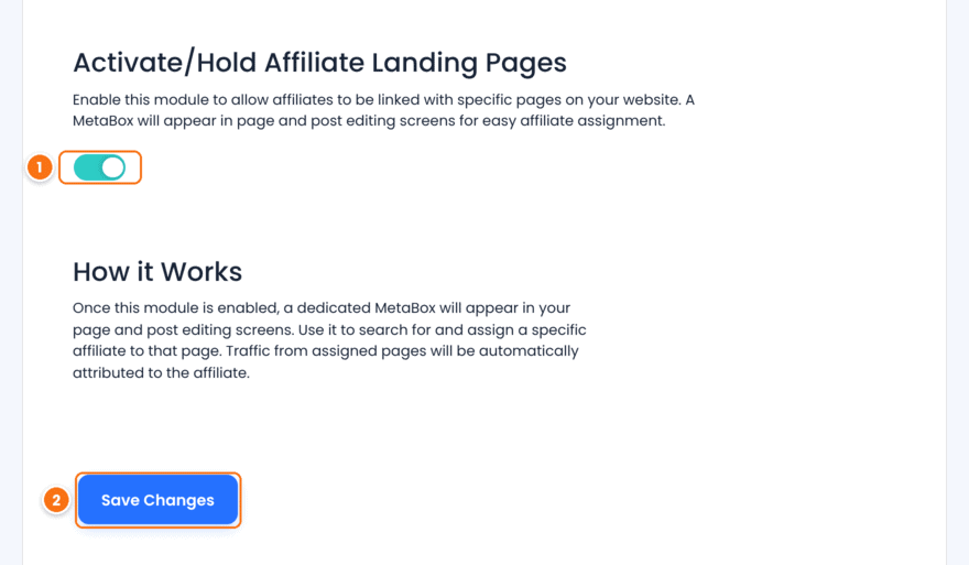 Affiliate Landing Pages module settings in Ultimate Affiliate Pro with the Activate/Hold Affiliate Landing Pages switch turned on and the Save Changes button