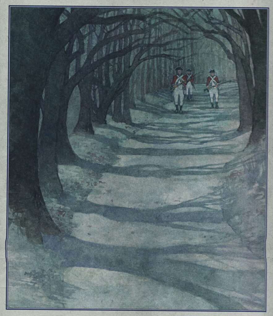 Watercolor of British soldiers patrol roads, illustration by Wood Ronsaville Harlin, Inc