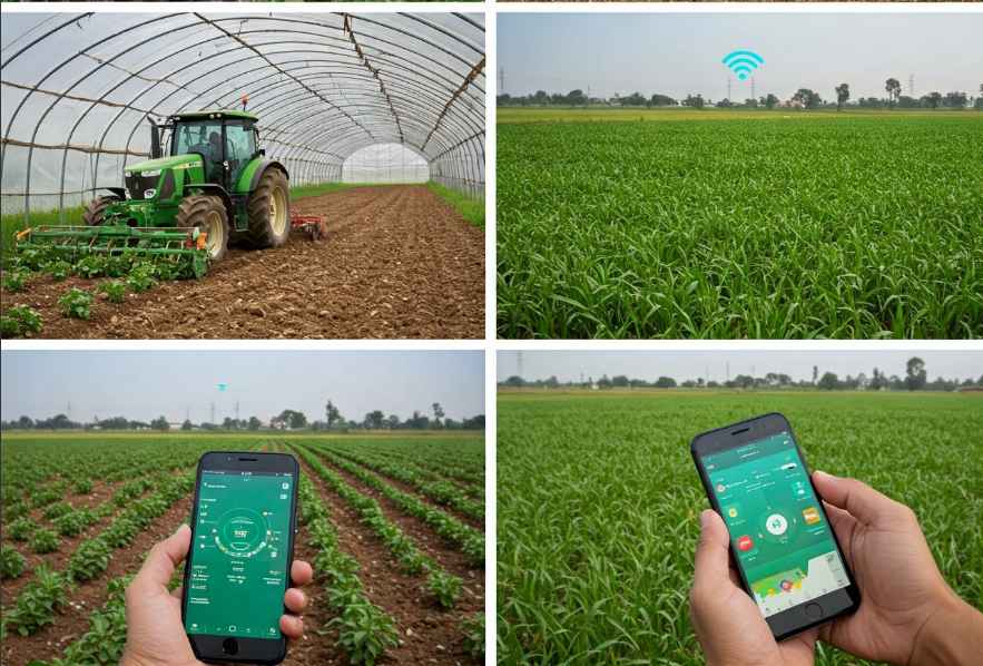 A four-image collage showing a tractor in a greenhouse, a vast green field with a WiFi symbol, and two hands holding smartphones displaying agricultural data over crop fields.