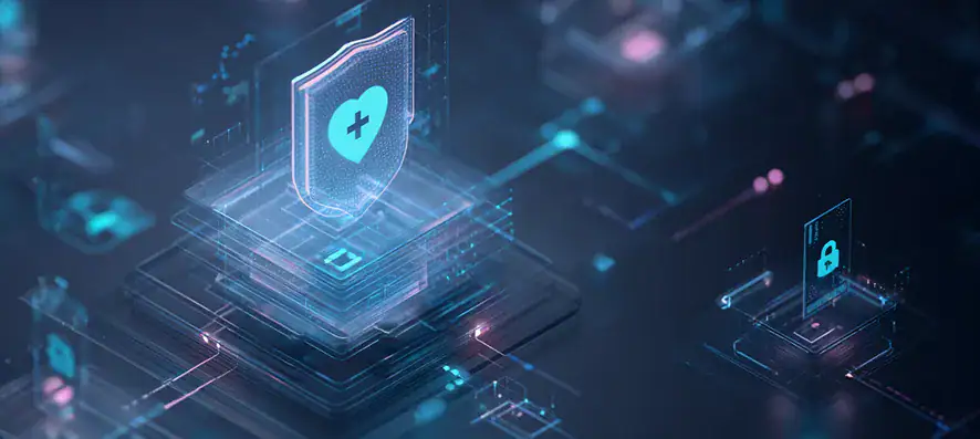 Healthcare cybersecurity platform visualized with protected medical data shield and secure network layers