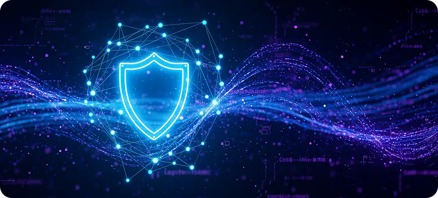 Cybersecurity concept image showing a glowing blue shield surrounded by digital particles on a dark background, with purple data streams flowing.