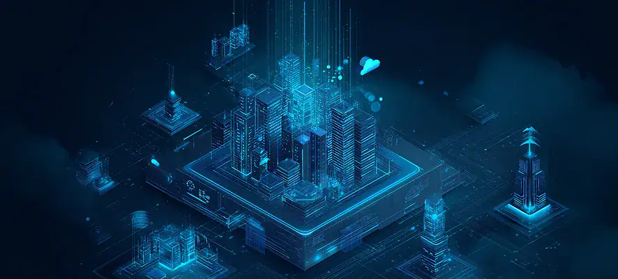Isometric illustration of smart city infrastructure with cloud connectivity and digital data architecture