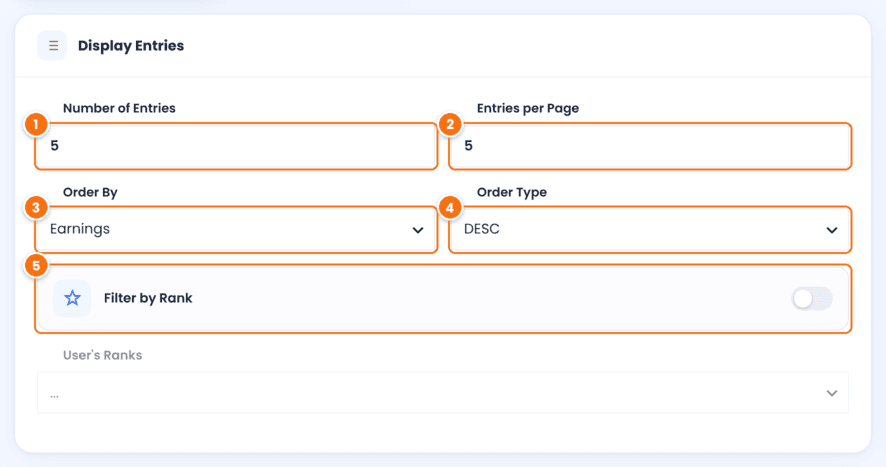 Display Entries card of the Top Affiliates Showcase in Ultimate Affiliate Pro with Number of Entries 5, Entries per Page 5, Order By Earnings, Order Type DESC and Filter by Rank off