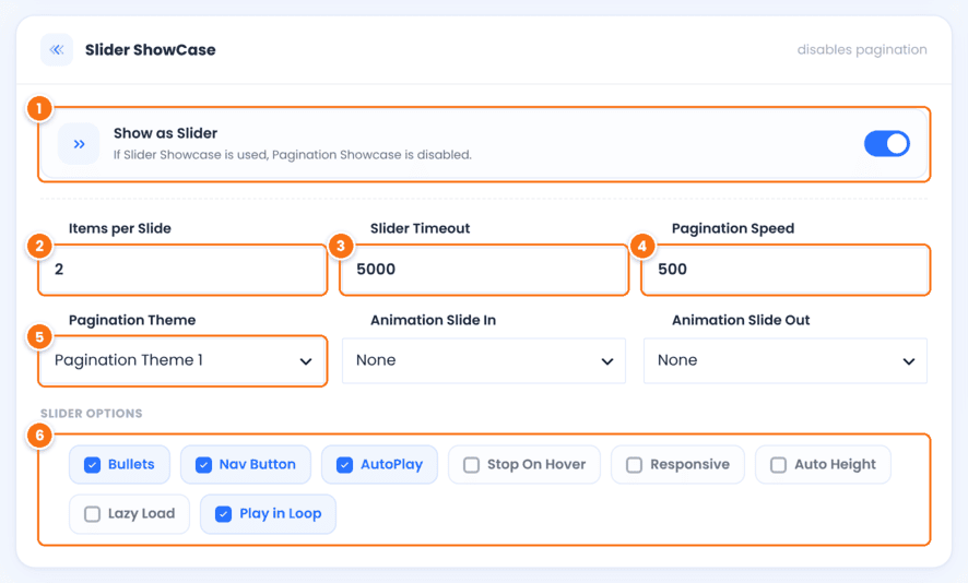 Slider ShowCase card in Ultimate Affiliate Pro with Show as Slider on, Items per Slide 2, Slider Timeout 5000, Pagination Speed 500, Pagination Theme 1 and the Slider Options Bullets, Nav Button, AutoPlay and Play in Loop selected