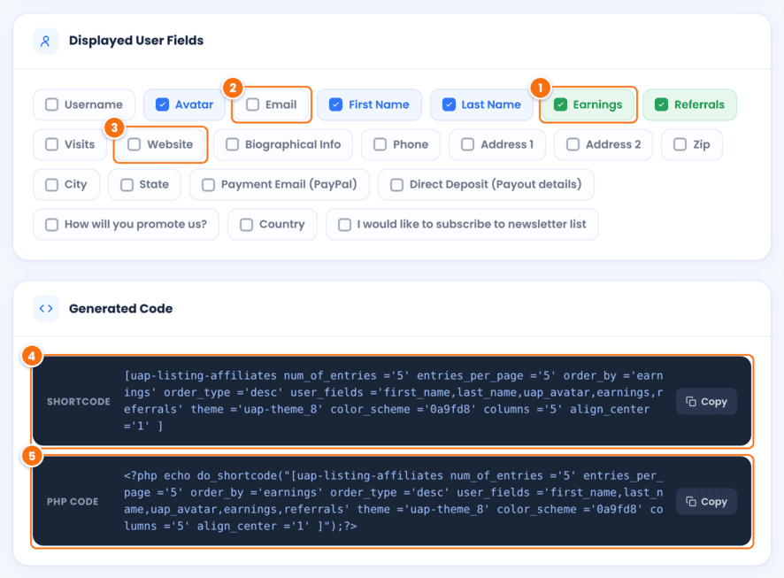 Displayed User Fields card in Ultimate Affiliate Pro with Avatar, First Name, Last Name, Earnings and Referrals selected and Email and Website not selected, and the Generated Code card with the uap-listing-affiliates shortcode and the PHP code