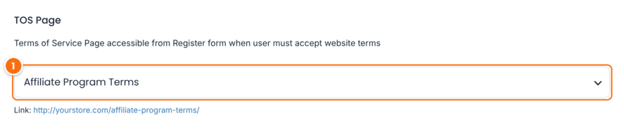 TOS Page setting in Ultimate Affiliate Pro Pages Setup with the Affiliate Program Terms page selected
