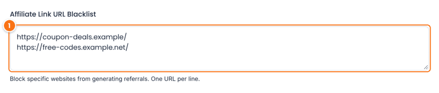 Affiliate Link URL Blacklist in Ultimate Affiliate Pro General Settings with two blocked referring site addresses
