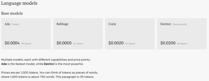 Prices of different language models offered by OpenAI, including davinci, ada baggage and curie. 