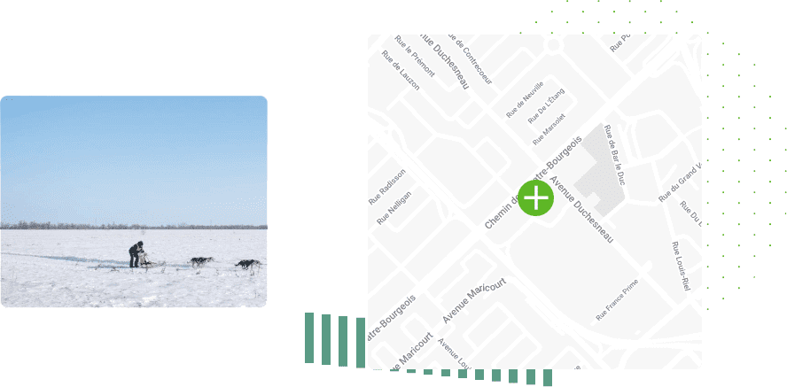 Informations de contact Montage photo d'un paysage enneigé avec une carte de l'emplacement des bureaux de Multi Options Nursing