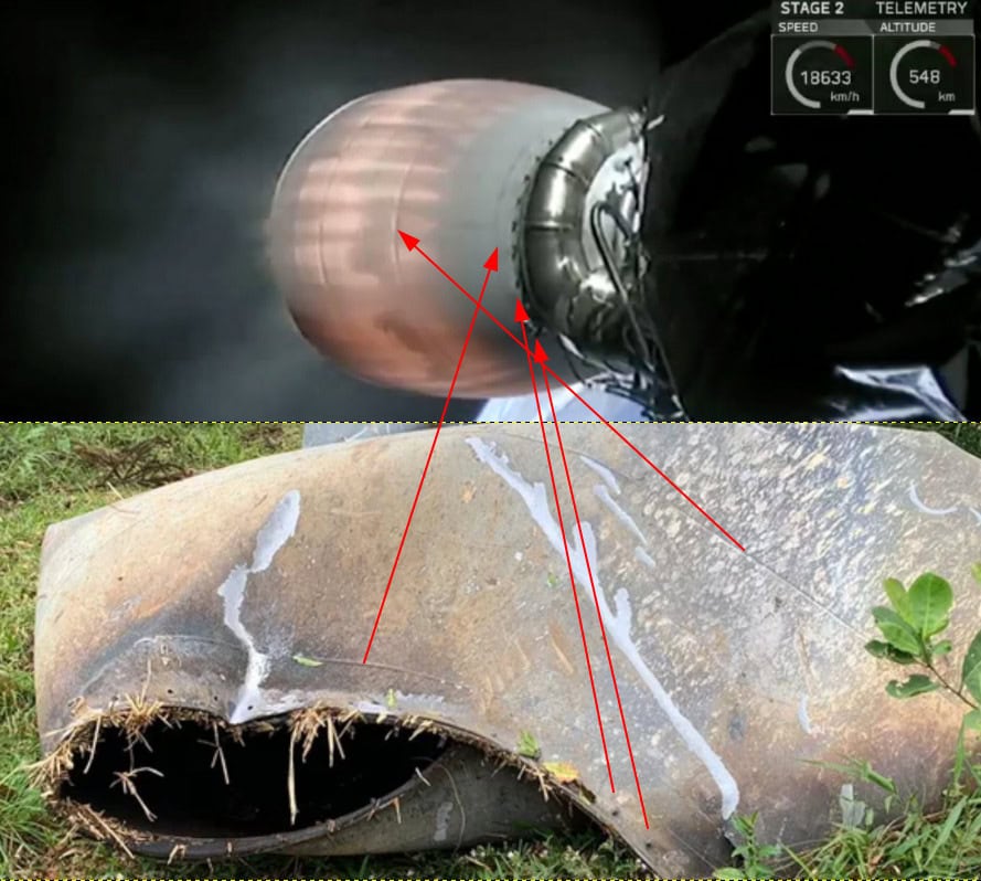 Semelhança entre a tubeira do segundo estágio do Falcon 9 (acima) e o objeto encontrado em São Mateus do Sul (abaixo) - Créditos: Jocimar Justino / BRAMON