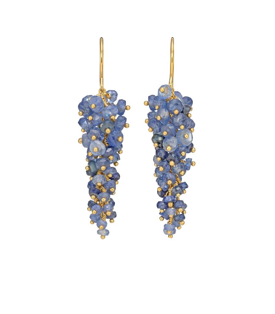 Blue sapphire beaded drop earrings, hand made by Kate Wood