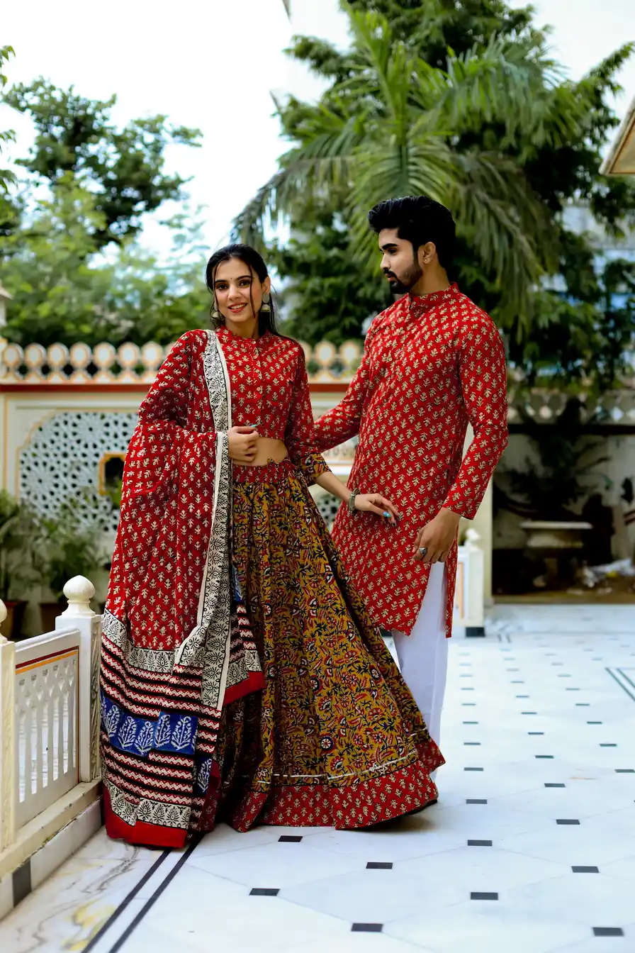 Red & Brown Bagru Print Cotton Couple Chaniya Choli