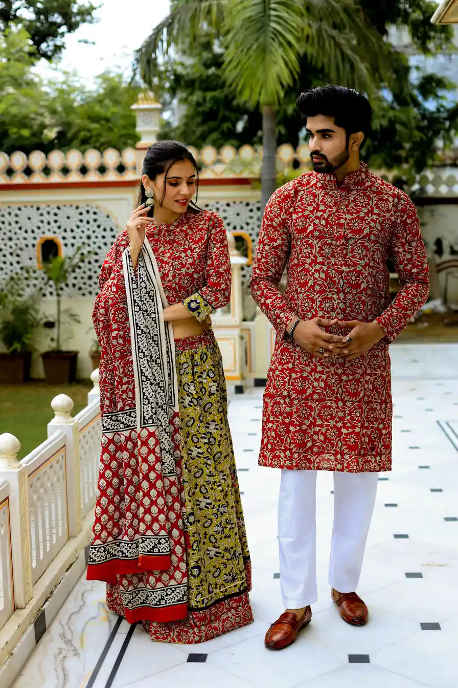 Red & Yellow Bagru Print Cotton Couple Chaniya Choli